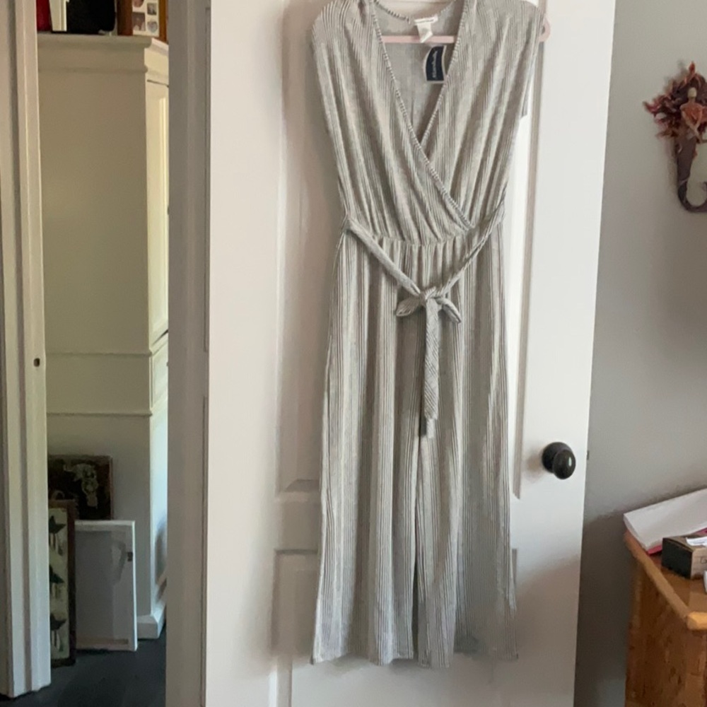 Caution To The Wind Gray Striped Jumpsuit
